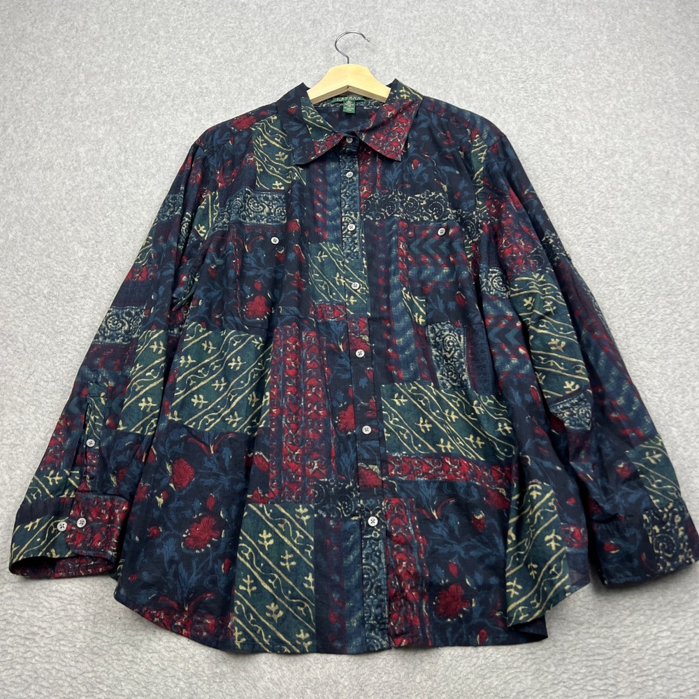 Lauren Ralph Lauren Patchwork Shirt Womens 3X Multicolor Floral Button Down Boho